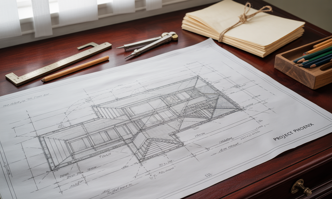 a detailed architect's blueprint on a desk, with measuring tools and neatly stacked paper