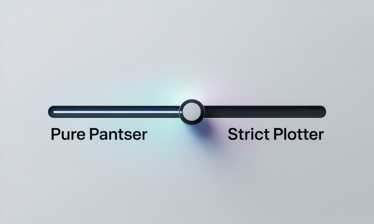 a slider bar labeled from Pure Pantser on the left to Strict Plotter on the right, with the marker positioned somewhere in the middle