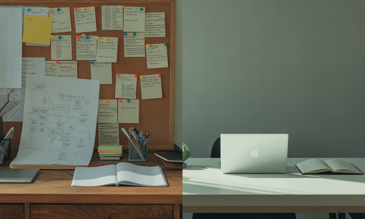 A split image showing two desks: one with a detailed flowchart and corkboard covered in notes, the other with just a laptop and a single notebook