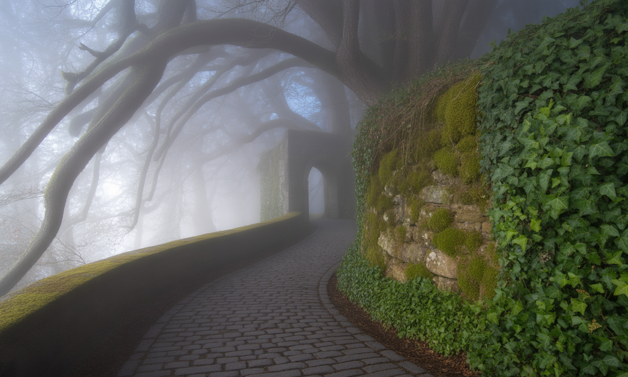 a winding, fog-kissed path disappearing into an unknown landscape